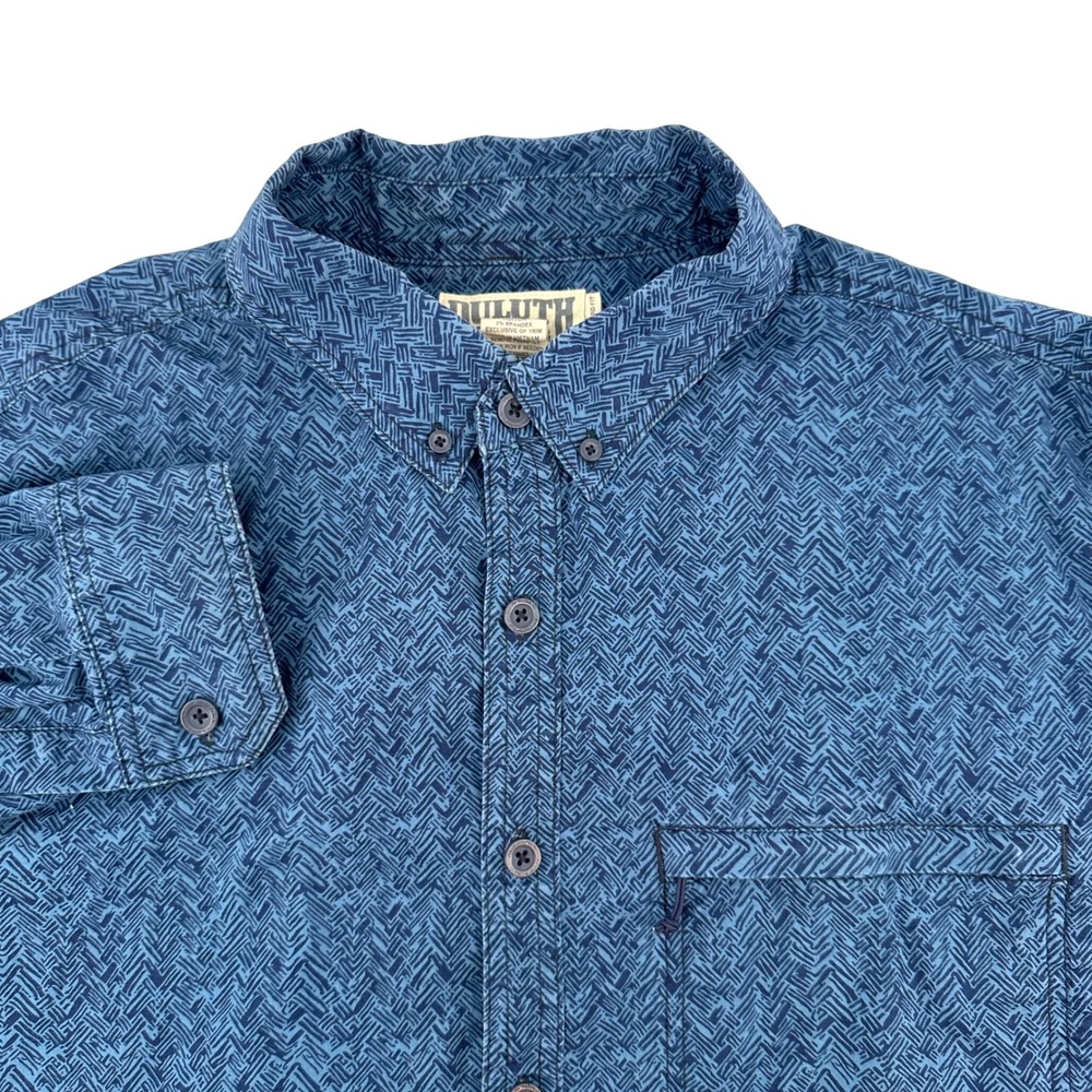 Duluth Trading Co Mens XL Tall Blue Geometric Print Organic Cotton Stretch Shirt